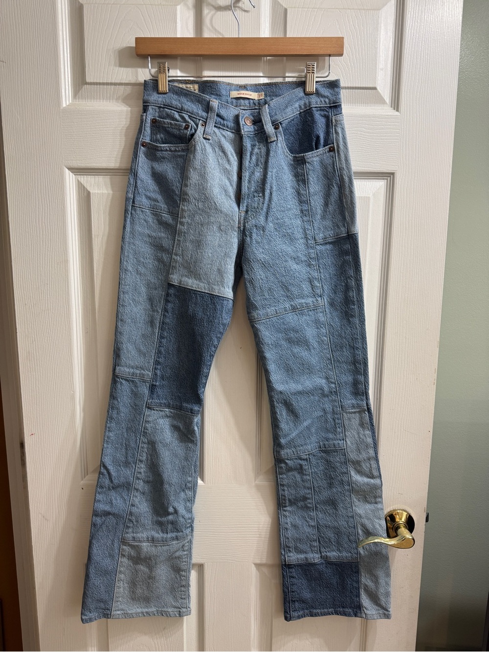 Levi 501 Wedgie Boot Cut Patchwork Light Blue Denim Jeans
